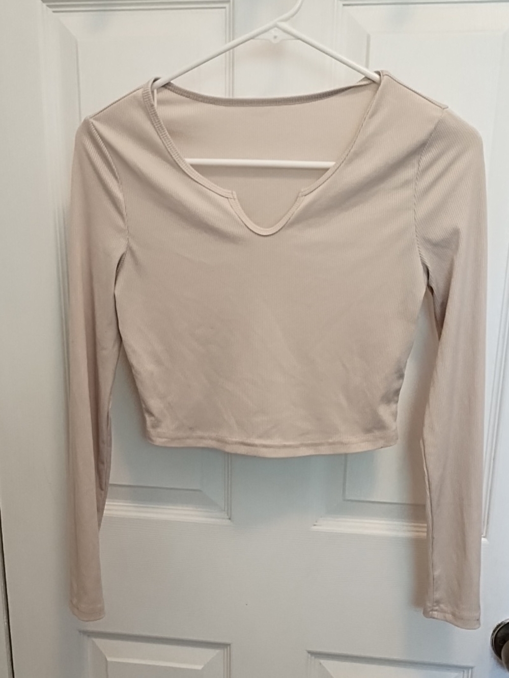 Long Sleeve Notch-Neck Crop Top in Light Beige